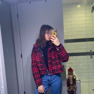 Cropped Plaid Bomber Jacket